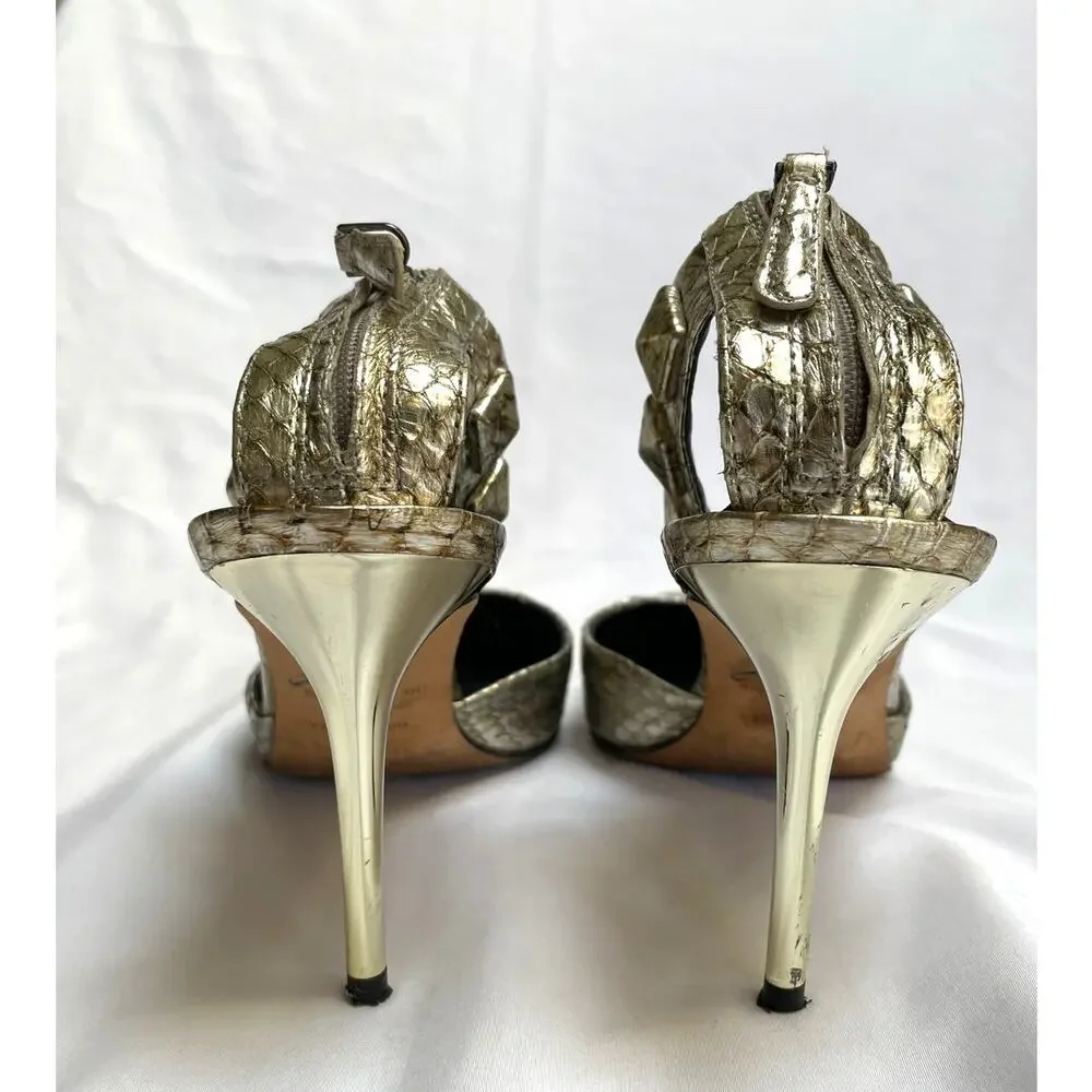 Brian Atwood Mercada Metallic Silver Leather Snake Stud Ankle Strap Heels, 6.5